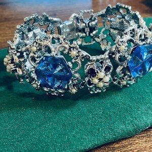 Vintage Victorian Revival Style Blue Stone and Silver Tone Bracelet